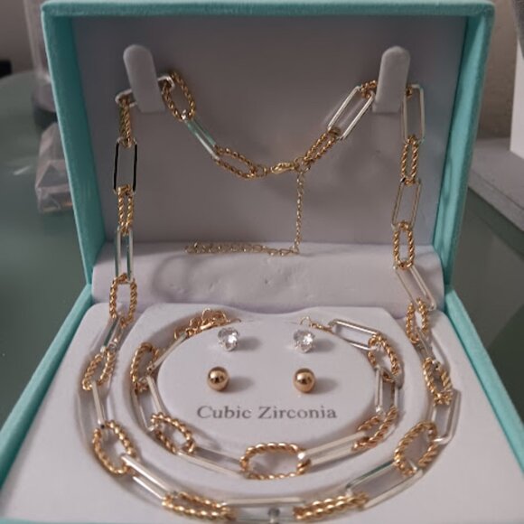 DANECRAFT 4pc Two-Tone Silver Plated Bracelet/Ball & CZ Earrings/Chain Necklace - Picture 2 of 4